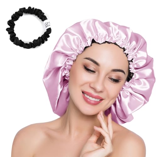 Image of Stain Bonnet Silk Sleep Cap Adjustable Satin Cap for Night Sleeping Hair Bonnet Reversible Double Layer