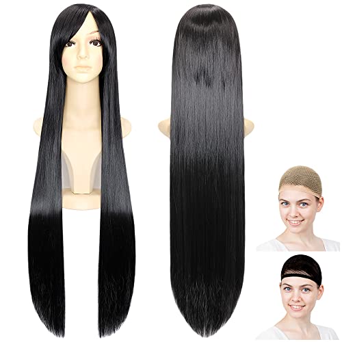 CaseEden (Case Eden Cosplay Wig Straight Long 100cm Black Black White Mel Choi wig Net Two Sets (Pure Black)