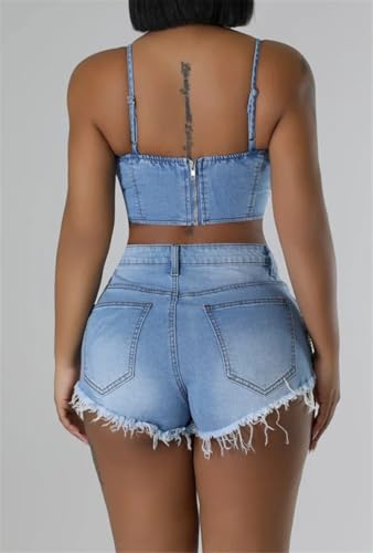 Recious Womens Sexy 2 Pieces Pearls Chains Tank Tops Bodycon Hot Shorts Party Clubwear Tracksuit Outfits Denim Jeans Set4