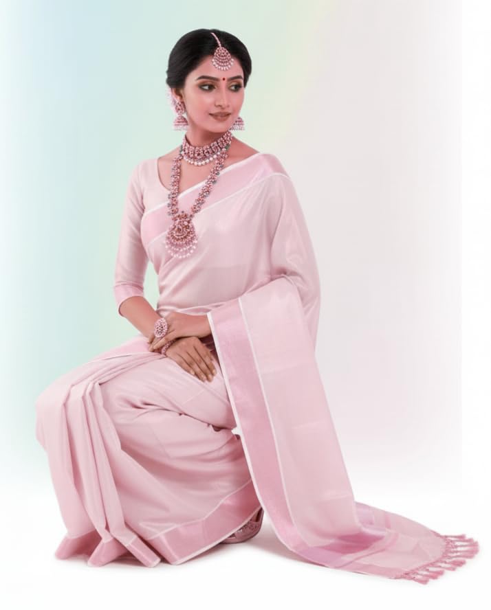 Image of Women's Kerala Tissue Plain Saree with Running Blouse| Onam & Vishu Kani Special | Traditional Kasavu White Colour
