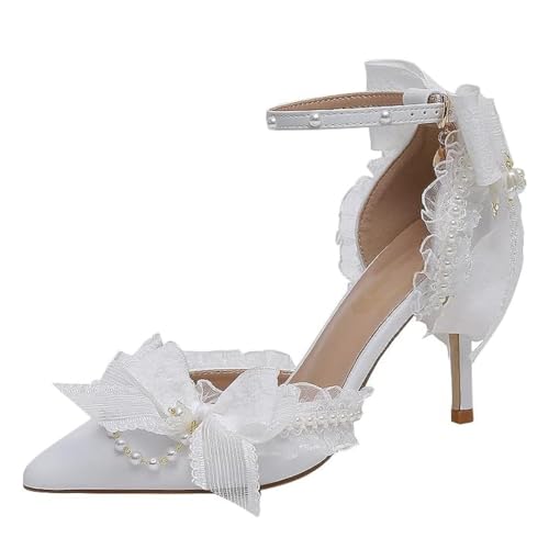 Elegant Bridal Heels with Blue Bow, White Pointed Toe, Ankle Strap, Pearl Details, High Stiletto