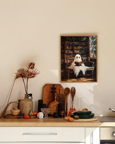 Image of ARPEOTCY Vintage Framed Canvas Wall Art, 12x16inch, Vintage Library Ghost Wall Decor, Dark Academia Art Prints Home Decorations, Moody Halloween Paintings for Living Room Bedroom Office Decor