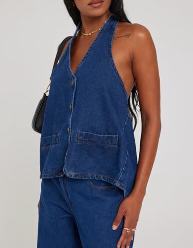 Kedera Women's Tie Up Denim Vest Button Down Backless Denim Tank Top V Neck Sexy Loose Fashion Cropped Vest3