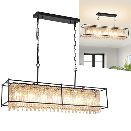 KINGTORO Crystal Chandeliers for Dining Room,50IN Modern Black Chandelier for
