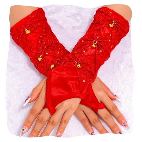 GEMILY Red Fingerless Gloves Sequin Long Bow Gloves Glitter Rave Costume Accessories for Women