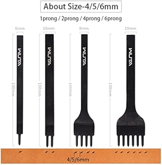WUTA Leather Hole Punch Tool Pricking Iron Hole Puncher 6mm 1/2/4/6 Prong Tooth Lacing Diamond Stitching Chisel Set for DIY Leather Craft Kits (Black)