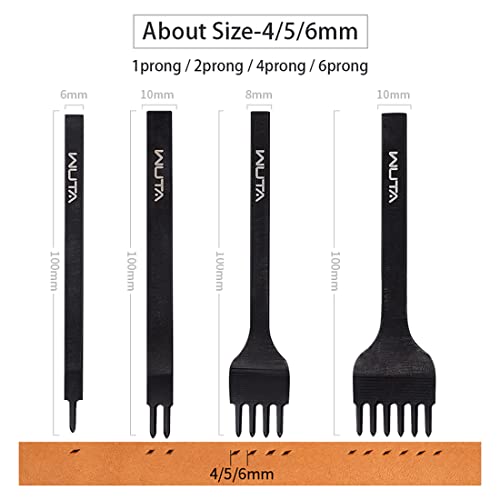 WUTA Leather Hole Punch Tool Pricking Iron Hole Puncher 6mm 1/2/4/6 Prong Tooth Lacing Diamond Stitching Chisel Set for DIY Leather Craft Kits (Black)