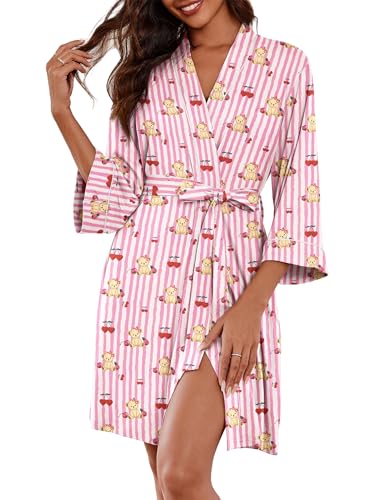 Image of Ekouaer Women Kimono Robes Knee Length Knit Bathrobe Lightweight Soft Sleepwear V-neck Casual Ladies Loungewear
