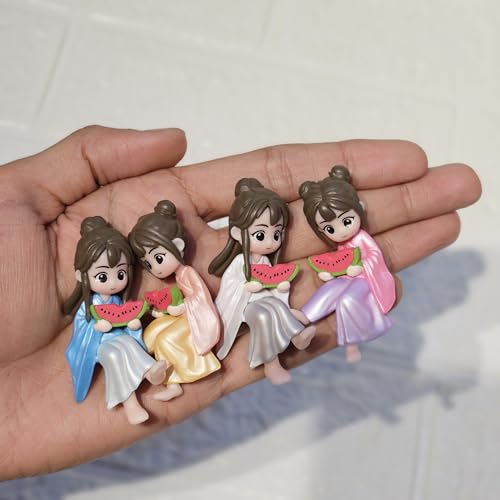 Image of Cute Miniature Watermelon Girl Figurines Set of 4 | PVC Tiny Dollhouse Accessories | Fairy Garden Mini Decor Showpieces | Gift Items for Home Desk Shelf
