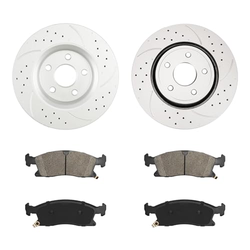 Image of KAX Front Brake Kit, Drilled and Slotted Brake Rotors, Ceramic Brake Pads | Fits Jeep Grand Cherokee 2015-2020, Dodge Durango 2011-2020, Automotive Replacement Brake Kit