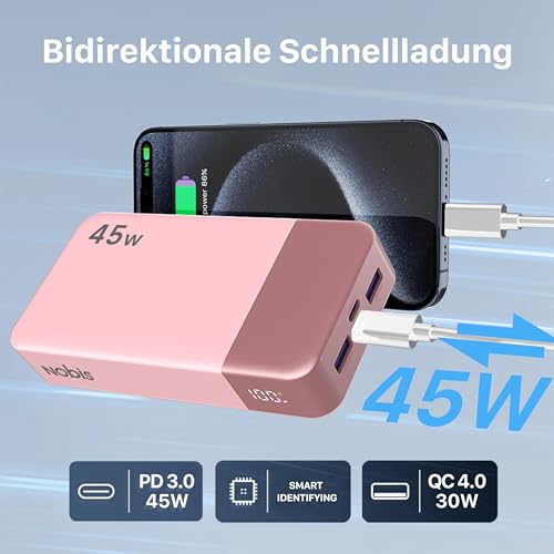 NOBIS Power Bank, Powerbank 20000mAh, 45W Externe Handyakkus Schnellladen, Externer Akku mit C zu C Kabel, Tragbares Ladegerät mit Digitalanzeige für Phone Android Laptop etc (Rosa) 5