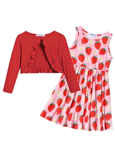 Arshiner Girls Dress with Cardigan Sets Cotton 2Pcs Print Casual Swing Dresses Sleeveless Dress with Long Sleeve Ruffle Coat for Kids 9-10 Years