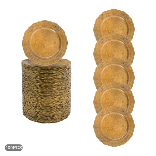 100 Platos Dorados Desechables 13" Redondos de Plástico miniatura 7