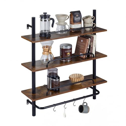 COSTWAY 3-Tier Floating Shelves for Wall, Industrial Pipe Shelving with LED Light, 4 S-Shaped Hooks, Wall Mounted Spice Rack Hanging Display Rack for Kitchen Living Room (No LED Light)