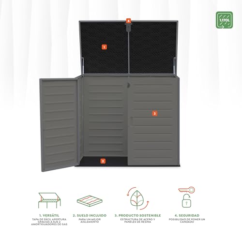 Wasabi - Armario Exterior Resina 1170L – 140x82x124cm – Suelo Incluido - Puerta Doble y Tapa Abatible – Estructura Metálica – Paneles Polipropileno – Cierre Pasador – Almacenaje - Cobertizo Jardín - imagen 2