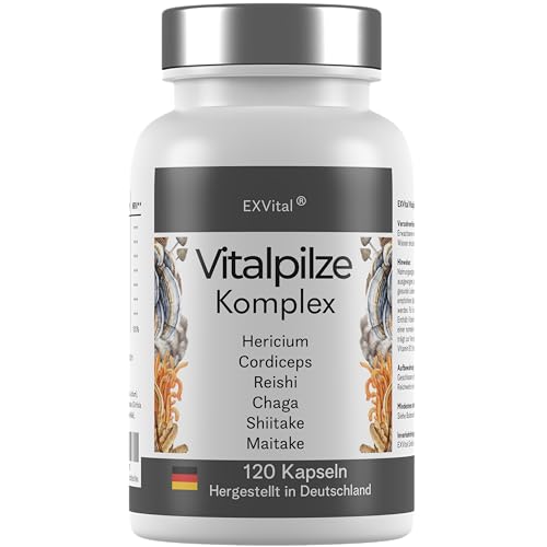 EXVital Vitalpilze Komplex- Hericium, Cordyceps, Reishi, Chaga, Shiitake & Maitake- 1480mg Pilzextrakt pro Tag, 120 vegane Kapseln,hochdosierter Pilzkomplex, laborgeprüft