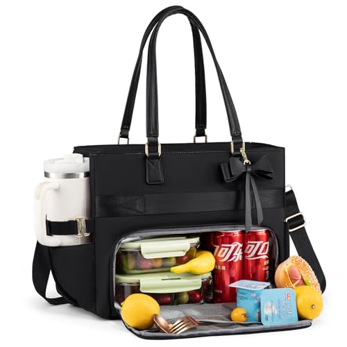 LOVEVOOK Lunch Bag, Tote Bag for Women with Insulated Lunch Compartment, Large Capacity Teacher Nurse Bag for Work with Large Cup Holder, Womens Crossbody Black Handbags fit 15.6 Inch Laptop, Gift