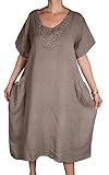  Italy Donna Damen Leinen Lagenlook Sommer Maxi Kleid Tunika Hakel Spitze 44 46 48 50 52 54 56 58 L XL XXL 3XL 4XL Beige Strand Urlaub (54)
