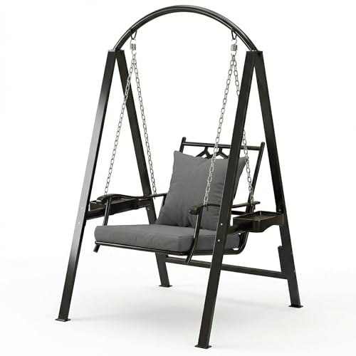 Image of Pamapic Porch Swing with Stand, 350lbs Heavy-Duty Metal Frame Outdoor Swing for Adults with Dual Side Trays, Adjustable Chains, Zippered Removable Cushion for Balcony, Backyard, Garden, Black