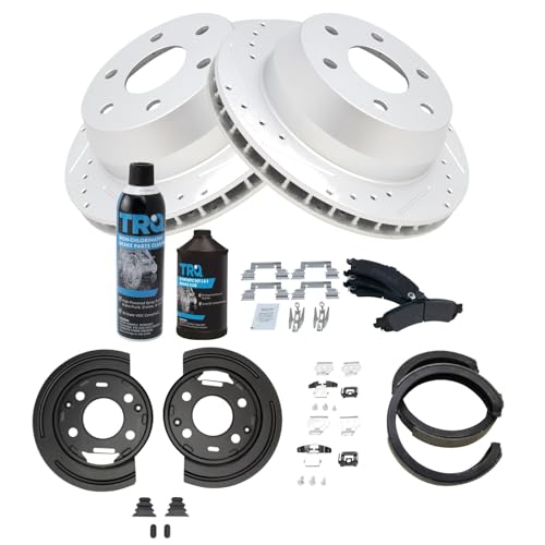 Image of TRQ Rear Performance Brake Pad & Rotor Kit Semi-Metallic Premium G-Coated Slotted X Drilled Compatible with Cadillac Chevrolet GMC
