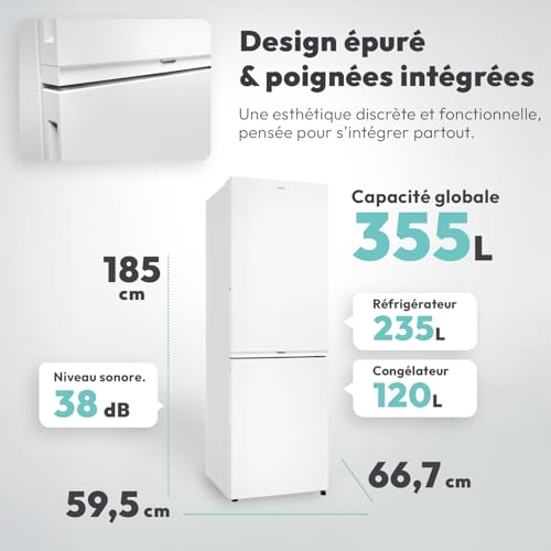 Candy - Réfrigérateur Combiné - 2 Portes - Classe Énergétique E - Technologie Total No Frost Circle+ - Blanc - 235L (Réfrigérateur) + 120L (Congélateur) - 185 x 59,5 x 66,7 cm - Modèle CNCQ2T618EW