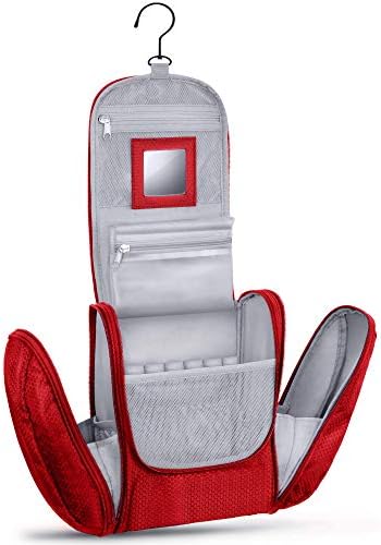 KRONIFY Large Premium Toiletry Bag for Hanging with Mirror | Spacious Travel Essentials Bag for Men & Women with Hook | Women's Beauty Case | Wash Bag | Red