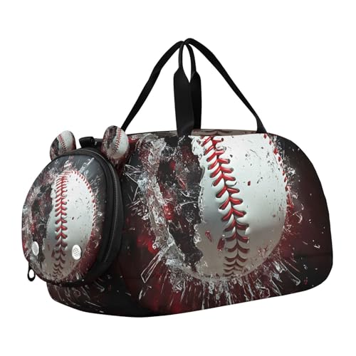 Gym Travel Duffle Bag for Boys Girls Baseball Red White Black Sports Dance Bag with Shoe Compartment & Wet Pocket Football Kids Travel Bag Teens Sleepover Carry