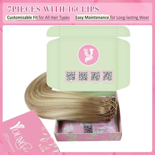 Image of YoungSee Clip in Human Hair Extensions Blonde Balayage Human Hair Clip in Extensions Golden Brown Mix Platinum Blonde Clips in Hair Extensions Real Human Hair for Woman 18inch 120g