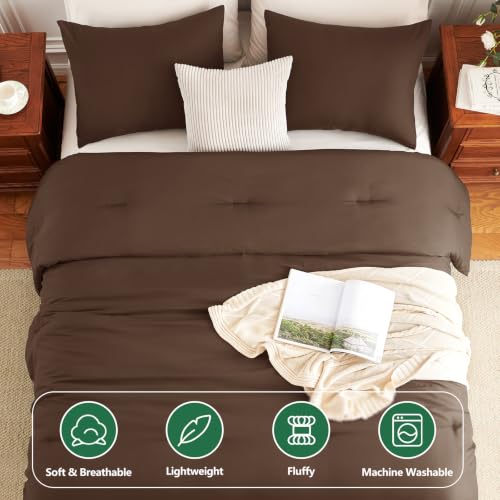 Image of HIMEET King Size Comforter Set, 3 Piece 104 inchx90 inch with 2 Pillowcases, Brown | 270GSM Down Alternative Fill, Oeko-TEX Certified, 8 Corner Ties Quilted, All Season, Fluffy Bed Set, Bedroom Decor Bedding