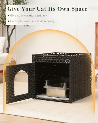 Image of SETVSON Cat Litter Box Enclosure Furniture, Hidden PE Rattan, Black | PE Rattan Kitty House with Top Fence, Fits Standard Litter Box, Included Litter Mat, 2 S-Hooks, Sturdy Metal Frame