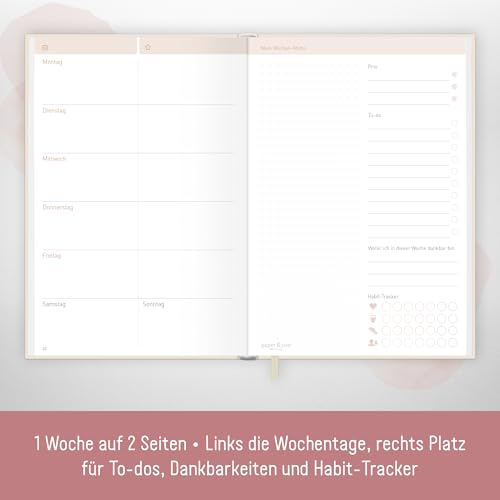 paper&you® Work & Life Wochenplaner ohne Datum A5 Soft Flower undatierter Kalender zur Achtsamkeit & Selbstorganisation, Planer undatiert, Dankbarkeitstagebuch - nachhaltig & klimafreundlich