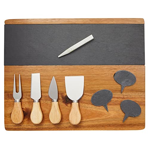 Wooden Cheese Charcuterie Board With Slate Inlay, 4-Piece Knife Set, 3 Signs (14 X 11 In, 9 Pieces) #TOP23