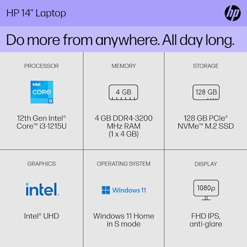 Image of HP 14 inch Laptop, Full HD Display, 12th Generation Intel Core i3-1215U, 4 GB RAM, 128 GB SSD, Intel UHD Graphics, Windows 11 in S Mode, 14-dq5000nr (2023)