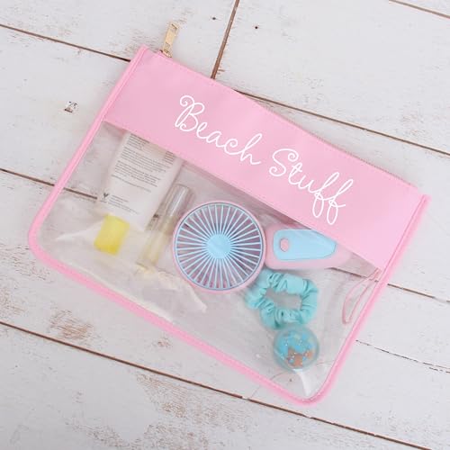 Threadart Personalized Light Pink and Clear Zipper Bag with Embroidery – Custom Name Cosmetic & Makeup Pouch – Waterproof PVC Travel Organizer for Toiletries – 11.5"x8"3