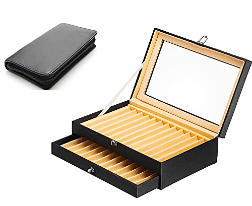 24 Slots Fountain Pen Case Organizer Roller Pen Display Box, 2 Layer Wood Pen Storage Box with Lid Pu Leather with Glass Window, Crochet Hooks Pencil Luxury Collection Display Stand with Drawer