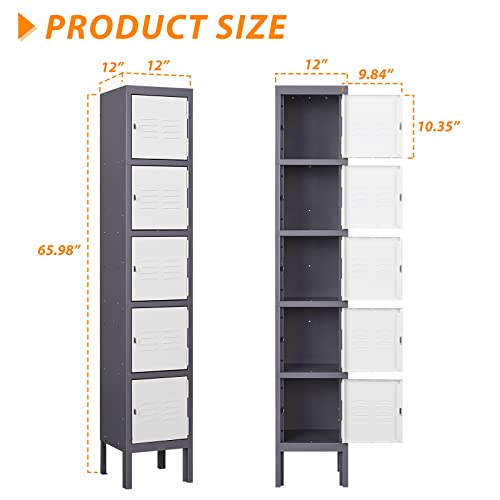 Image of Metal Locker with 5 Doors, 5 Tier Locker Steel Employees Lockers, Tall Steel Storage Lockers for School, Home, Office, Gym(Grey White), (ML-0721)