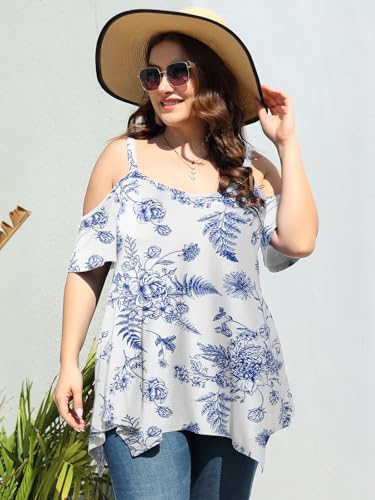 Image of LARACE Cold Shoulder Tops for Womens Summer Clothes Spaghetti Strape Tunic Oversized Shirts Asymmetrical Plus Size Blouse