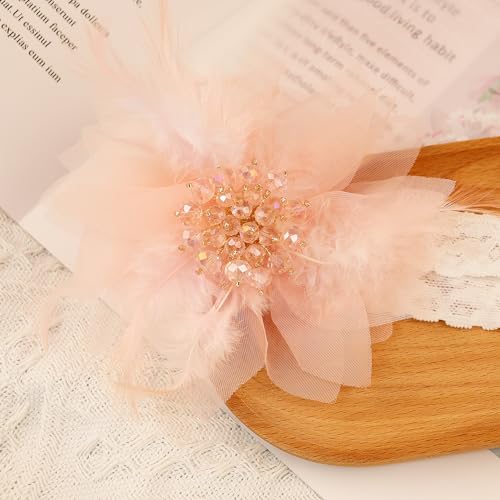 Bethynas Baby Girls Lace Feather Headband Beads Gauze Flower Elastic Toddler Hairband Birthday Party Princess Hair Accessories for Newborn Infant (Pink)2
