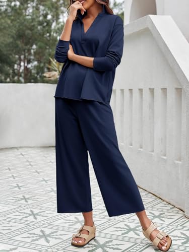 Imily Bela Womens 2 Piece Outfits Sweatsuit Long Sleeve Lapel V Neck Shirt and Wide Leg Pants 2025 Fall Trendy Tracksuit2