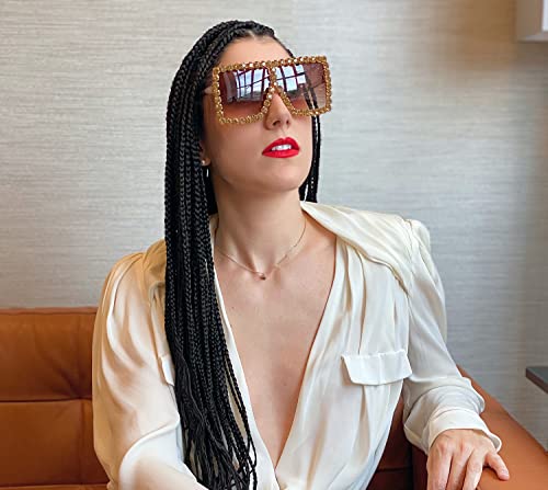 FEISEDY Oversized Sparkling Crystal Sunglasses Disco Diamond Flat Top Fashion Square Large Shades B27823