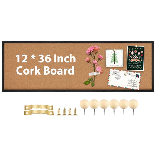 TORASO Tablero de anuncios de corcho para paredes con marco negro, tablero de corcho grande montado en la pared con kit de instalación, 12 x 36 pulgadas, tablero de pines para el hogar, oficina,
