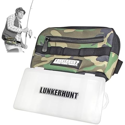 Lunkerhunt Fishing Tackle Bag with Tackle Box Trays (1 Included) | Fishing Sling Bag with Adjustable Strap | Fishing Bags Made of Water-Resistant TPE Fabric | CAMO Waist Bag for Fishing | 1.26 Liter Cover