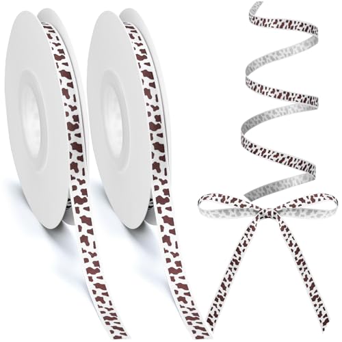 Suncalla 2 Rolls Cow Print Ribbon 50 Yards 3/8 Western Brown Cowhide Pattern Ribbon for DIY Crafts Gift Wrapping Hair Bows Wreaths Farmhouse Decor Party Wedding Decorations