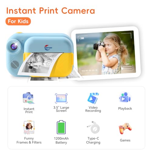 Instant Print Camera for Kids with 3.5" Large Screen, Christmas Halloween Birthday Gifts for Boys Girls 3 Years and Up, Front Rear Dual Cameras with 1080P Videos,32G Card and Charming Stickers(Beige) by seemee - Image 5
