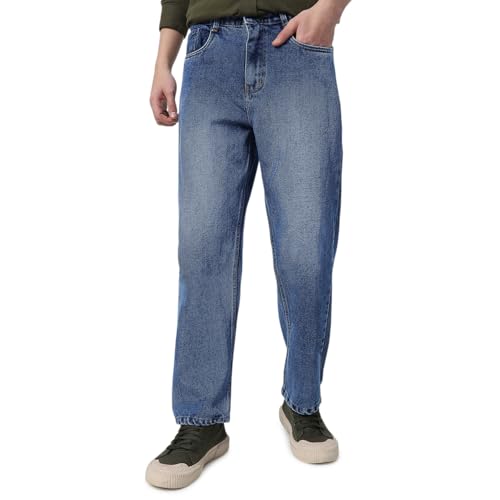 Image of Neostreak Men's Loose Baggy Fit Heavy Washed Jeans Non-Stretchable