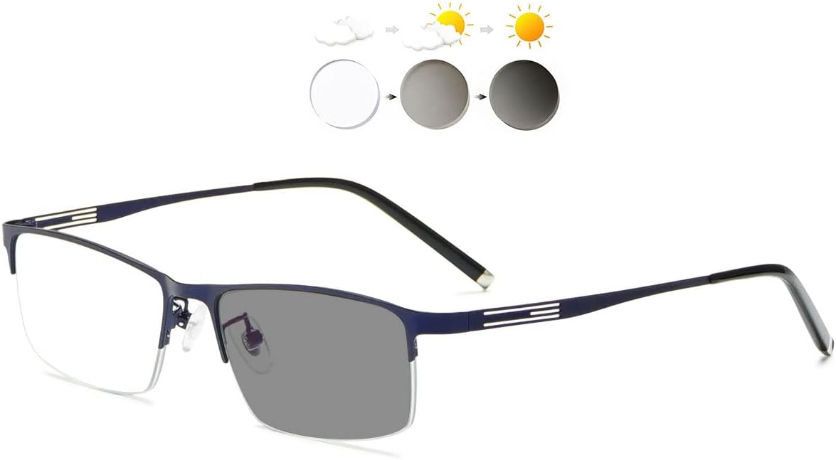 KOOSUFA Photochromic Reading Glasses Sun Readers Eyeglasses Semi Rimless UV Protection Sunglasses Eyewear for Men
