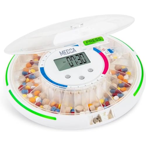 Dispensador de píldoras automático con organizador electrónico de medicamentos de 28 días - Recipiente de píldoras con llave con cerradura con pantalla LCD, alarma de recordatorio de luz y sonido
