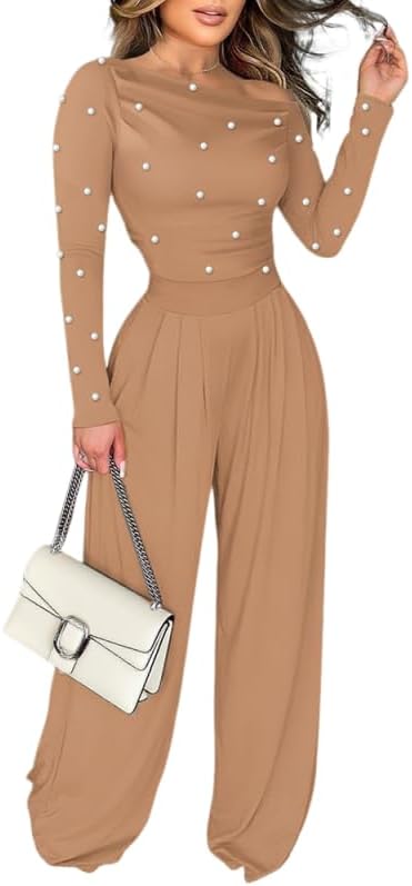 Ninimour Jumpsuits For Women Dressy Pearls Decor Long Sleeve One Piece Outfits For Women Casual Ruched Wide Leg Rompers