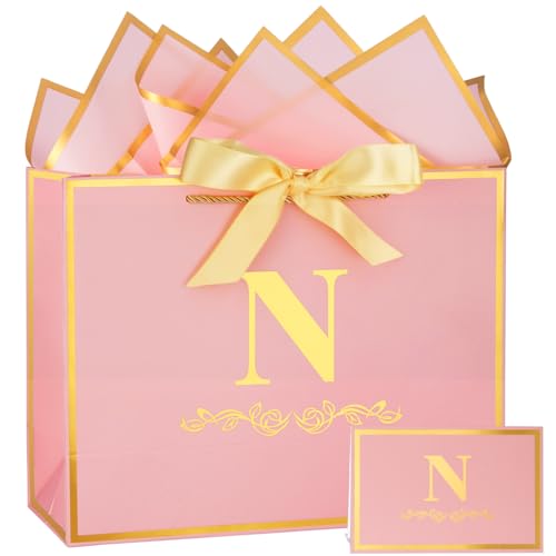 Initial Birthday Gift Bag with Card and Tissue Paper for Women/ Her, 13' Large Pink Gold...