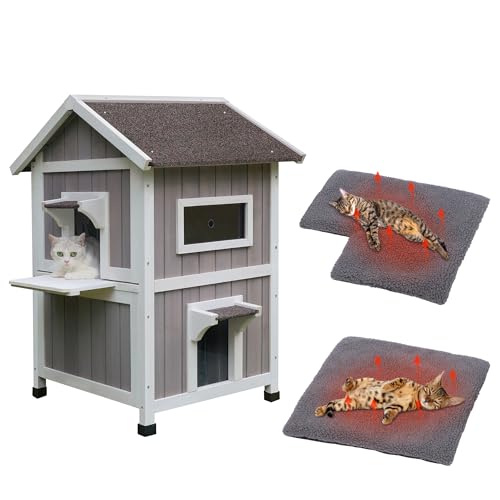 HiCaptain Casetta per gatti resistente alle intemperie, per esterni, 2 piani, con balcone e porta di fuga, per esterni, in legno, per piccoli animali, grigio